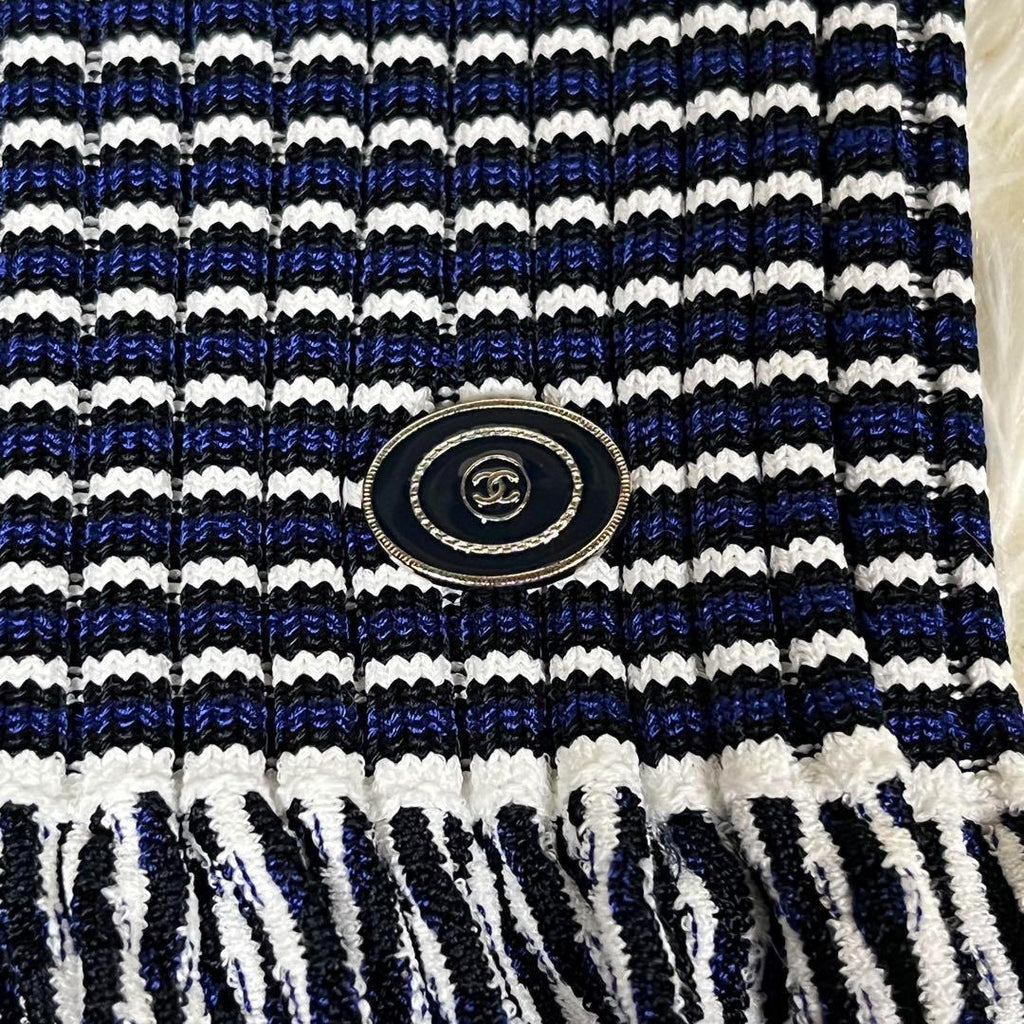 CHANEL Sleeveless Border CC Mark Dress White Navy