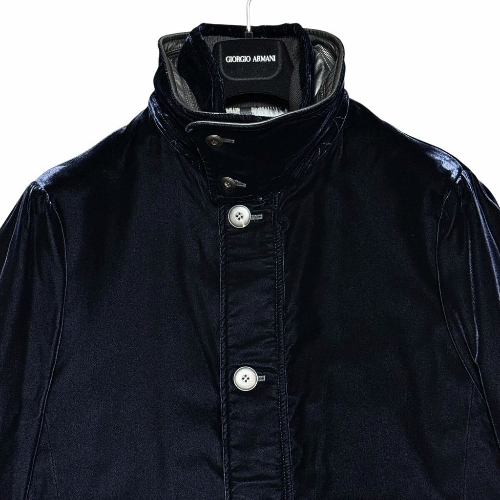 GIORGIO ARMANI Velvet x Calf Leather Stand Collar Coat Navy Size 54