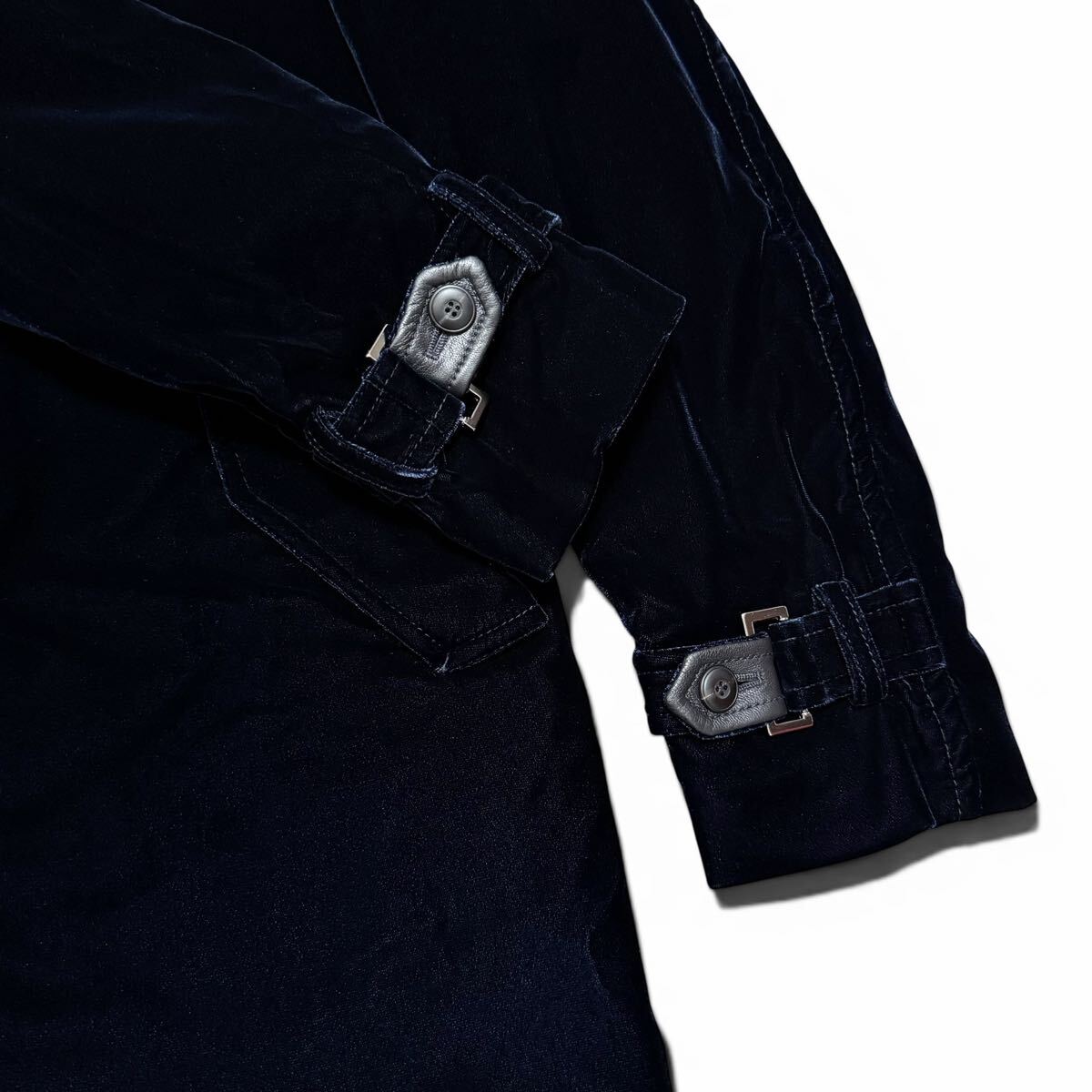 GIORGIO ARMANI Velvet x Calf Leather Stand Collar Coat Navy Size 54