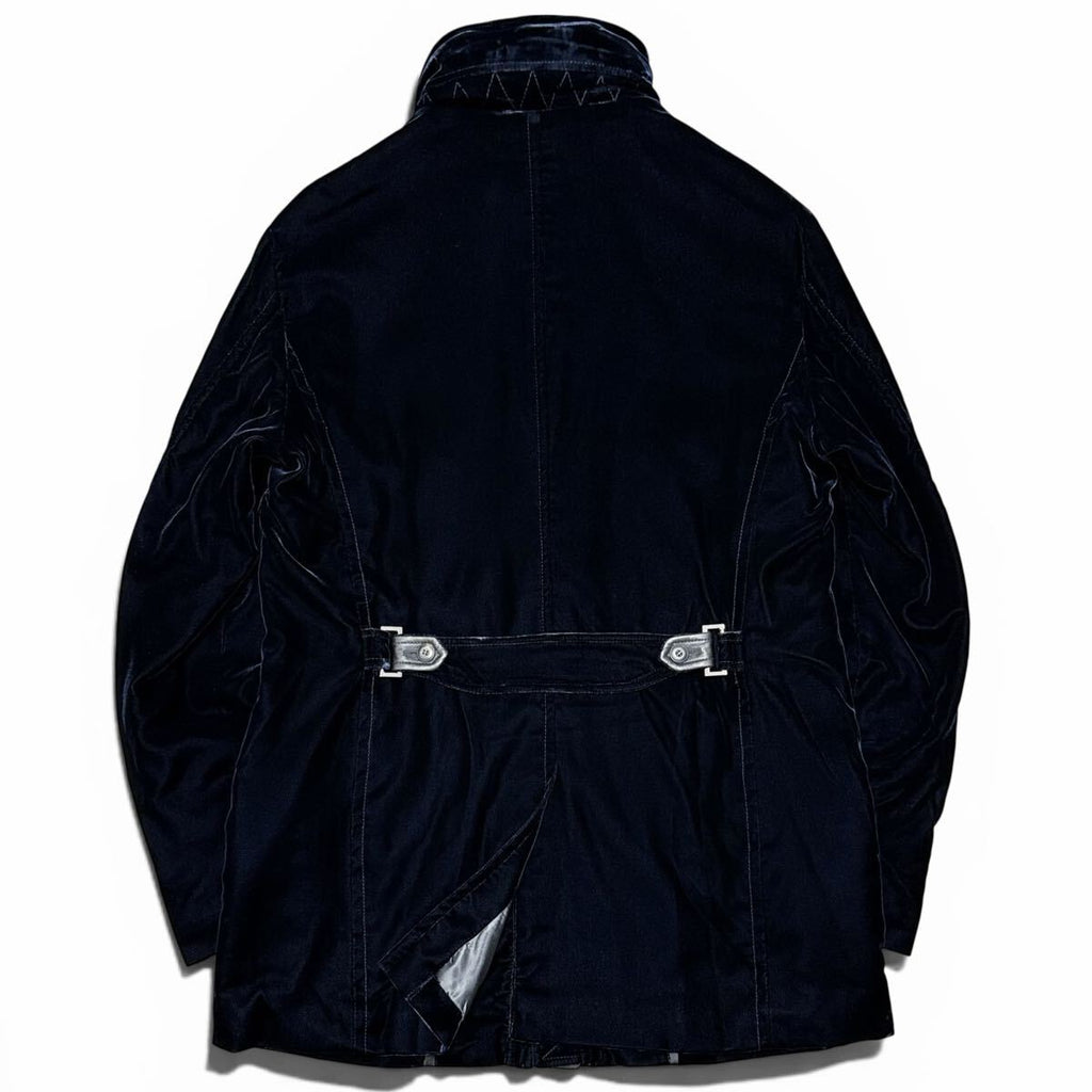 GIORGIO ARMANI Velvet x Calf Leather Stand Collar Coat Navy Size 54