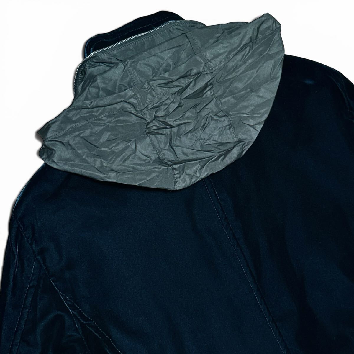 GIORGIO ARMANI Velvet x Calf Leather Stand Collar Coat Navy Size 54