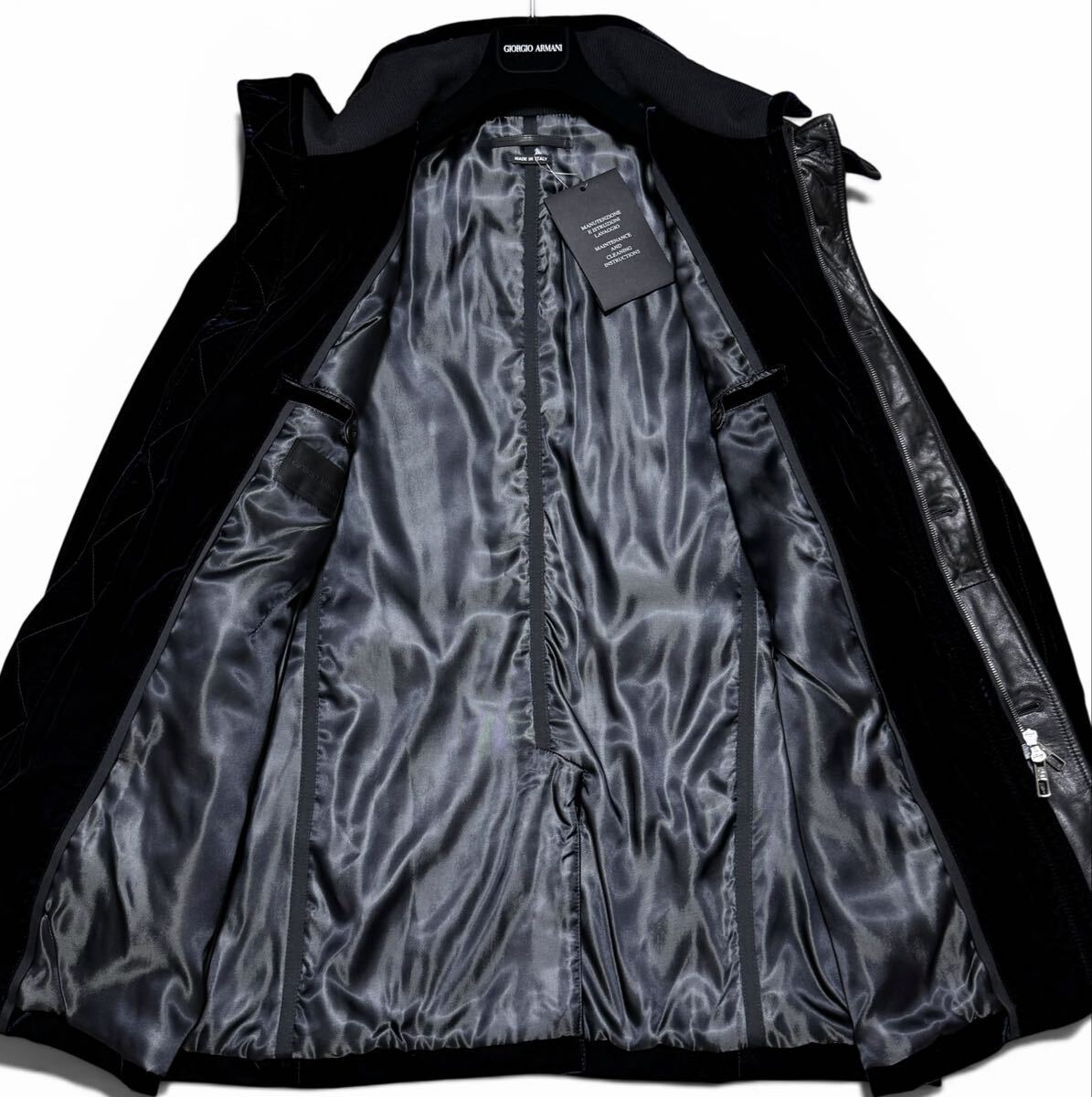 GIORGIO ARMANI Velvet x Calf Leather Stand Collar Coat Navy Size 54