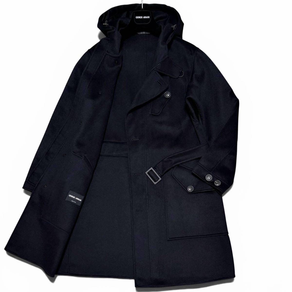 GIORGIO ARMANI BORGO21 Cashmere 100% Hooded Long Coat Black Size 48
