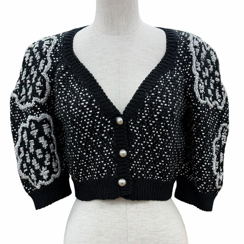CHANEL P49241 Cotton Knit Logo Coco Pearl Button Short Cardigan Jacket