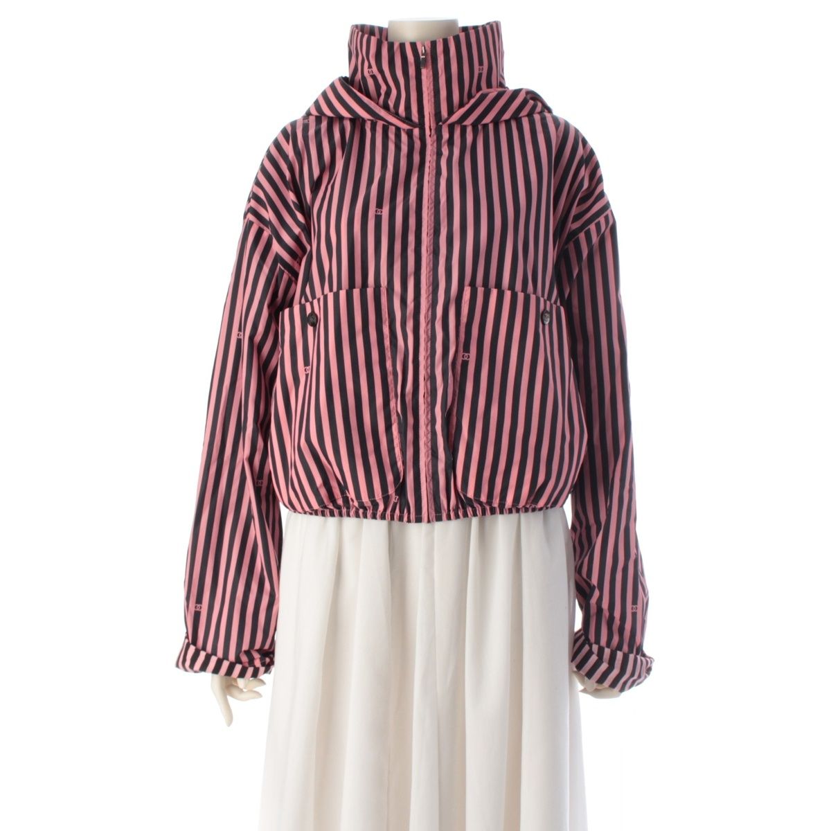 CHANEL Stripe CC Mark Cropped Zip-Up Nylon Jacket P76226