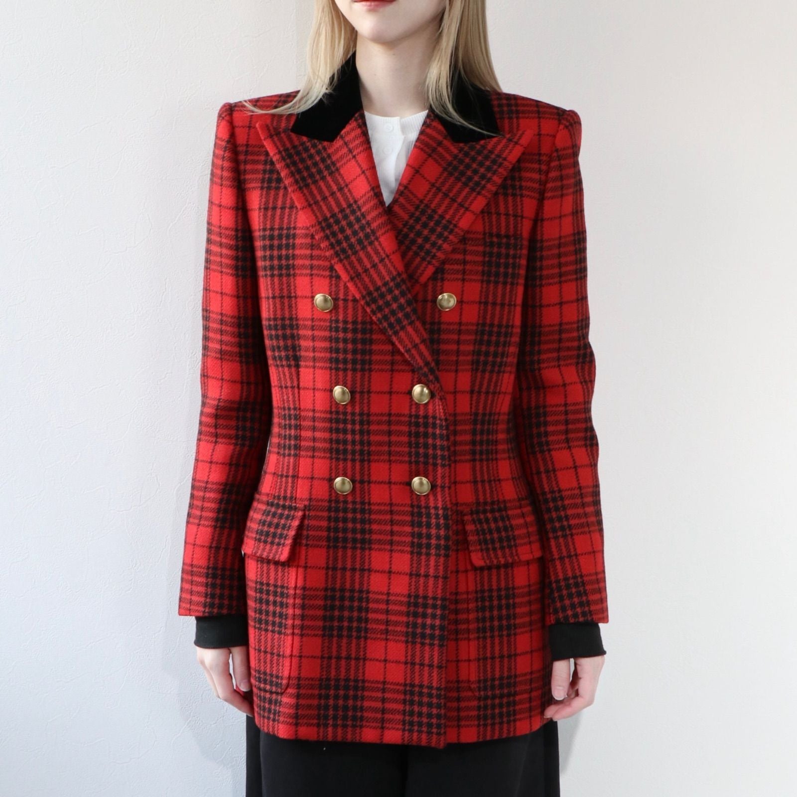 SAINT LAURENT PARIS Wool Velvet Check Double-Breasted Tailored Jacket