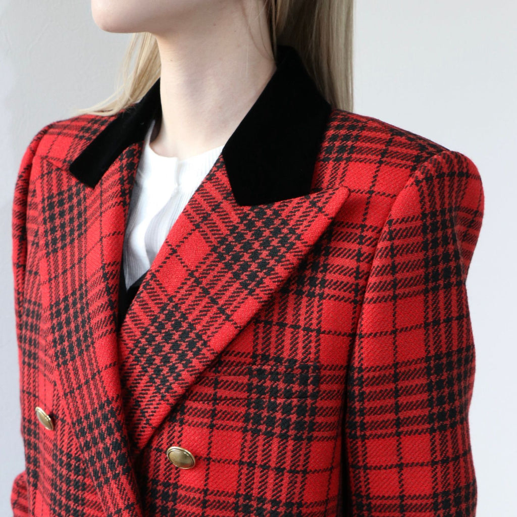 SAINT LAURENT PARIS Wool Velvet Check Double-Breasted Tailored Jacket