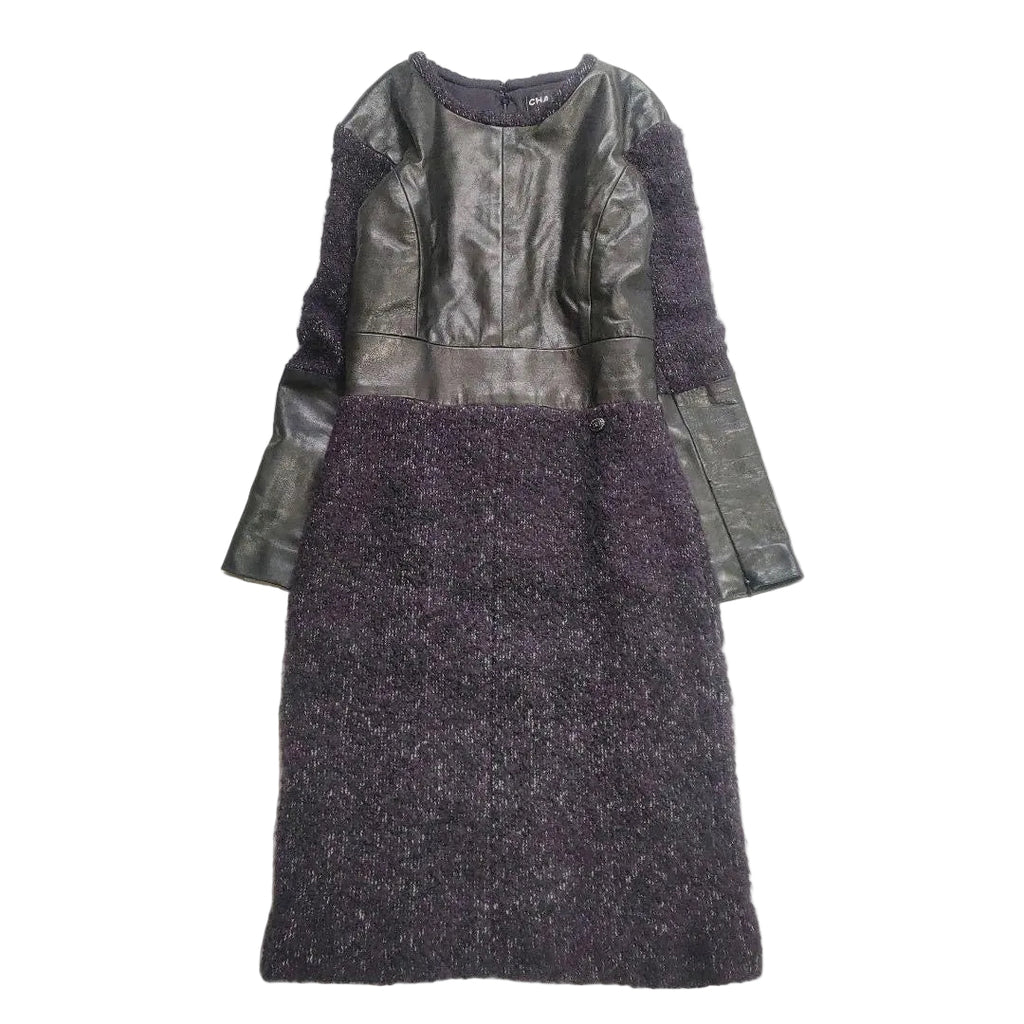 CHANEL Leather × Alpaca Tweed Below-Knee Dress