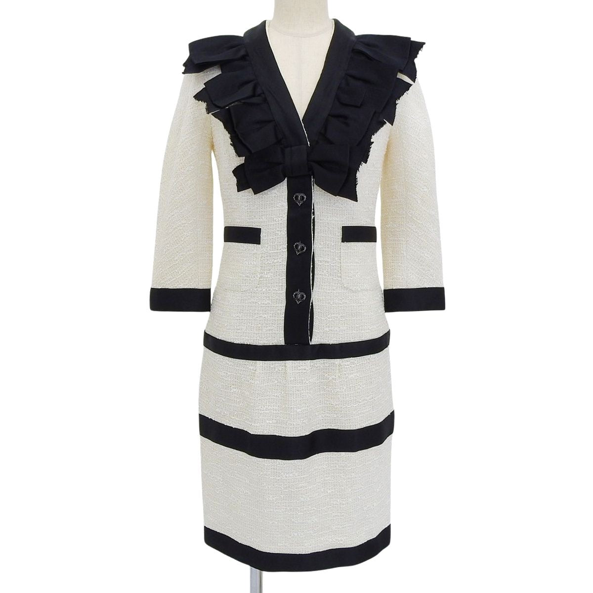 CHANEL Cruise Collection Bicolor Tweed Dress Ribbon CC Button Size 36
