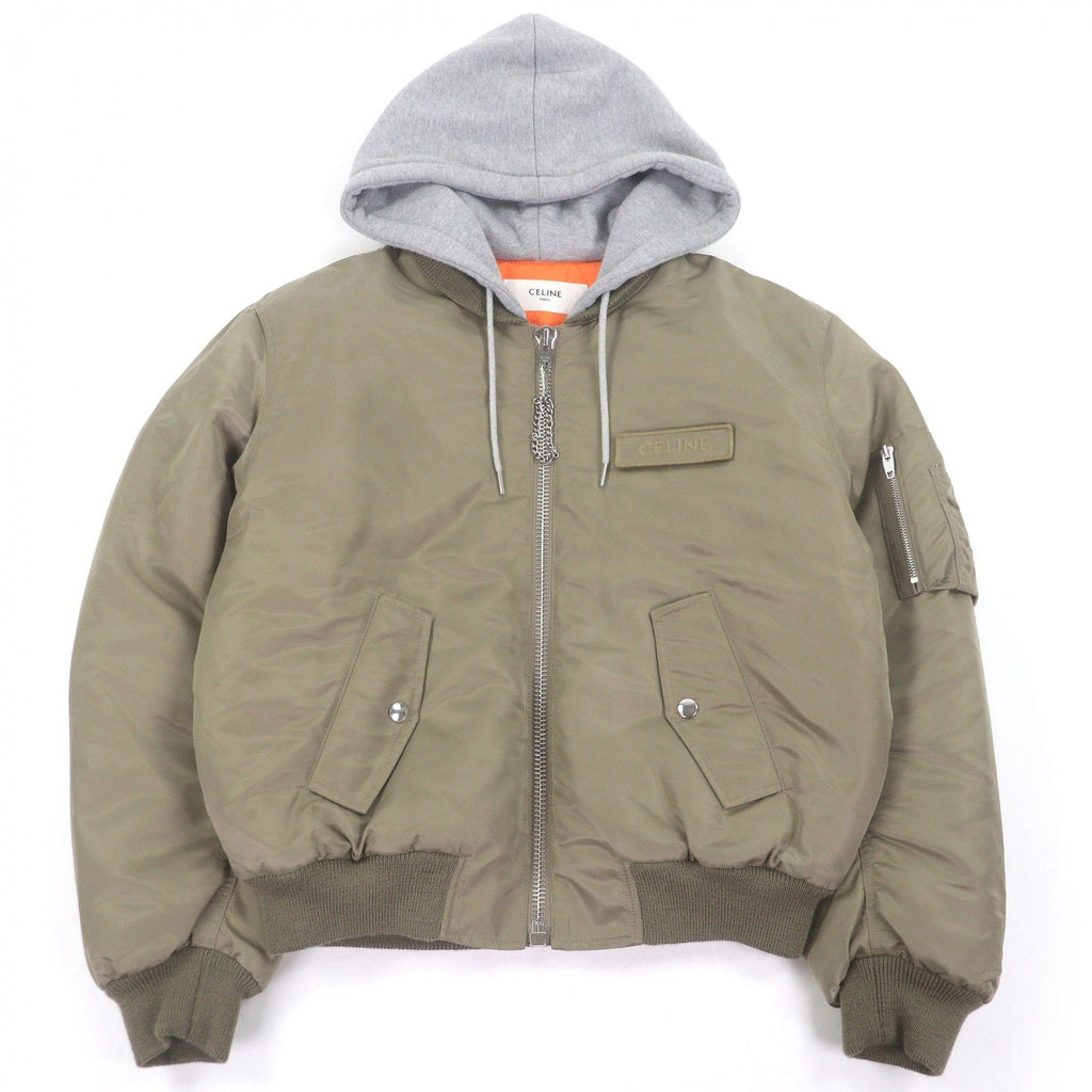 CELINE Nylon Twill Hooded Loose Bomber Jacket MA-1 Khaki Orange — Size 48