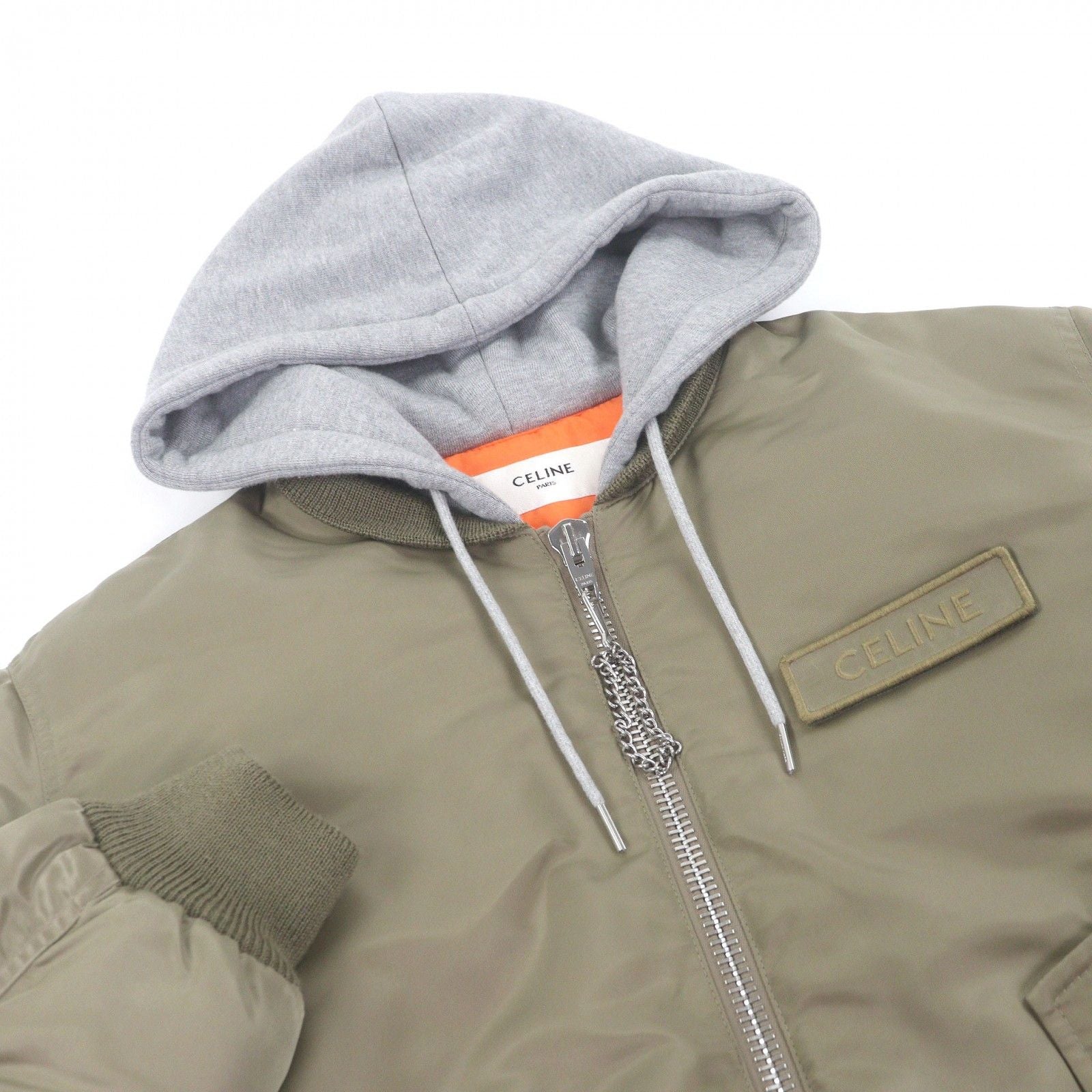CELINE Nylon Twill Hooded Loose Bomber Jacket MA-1 Khaki Orange — Size 48