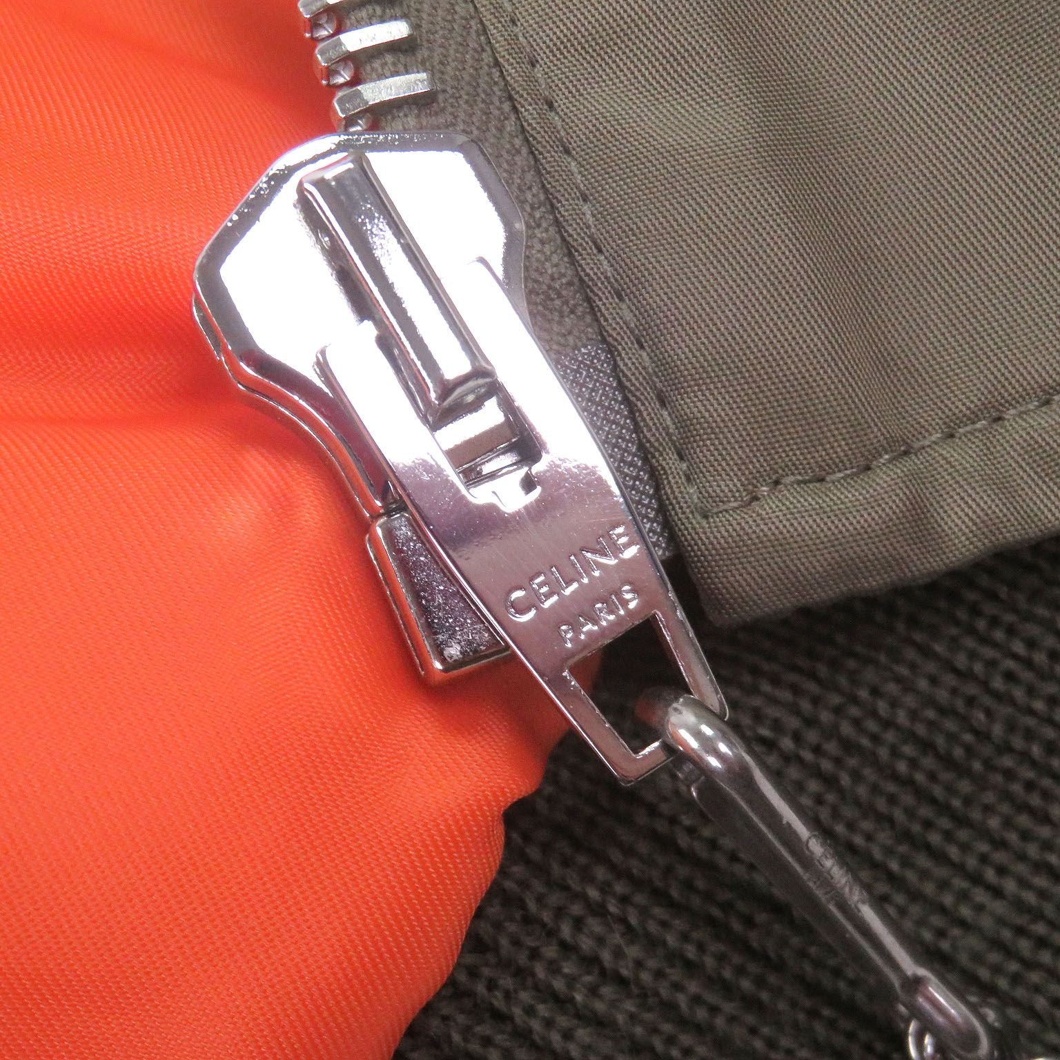 CELINE Nylon Twill Hooded Loose Bomber Jacket MA-1 Khaki Orange — Size 48