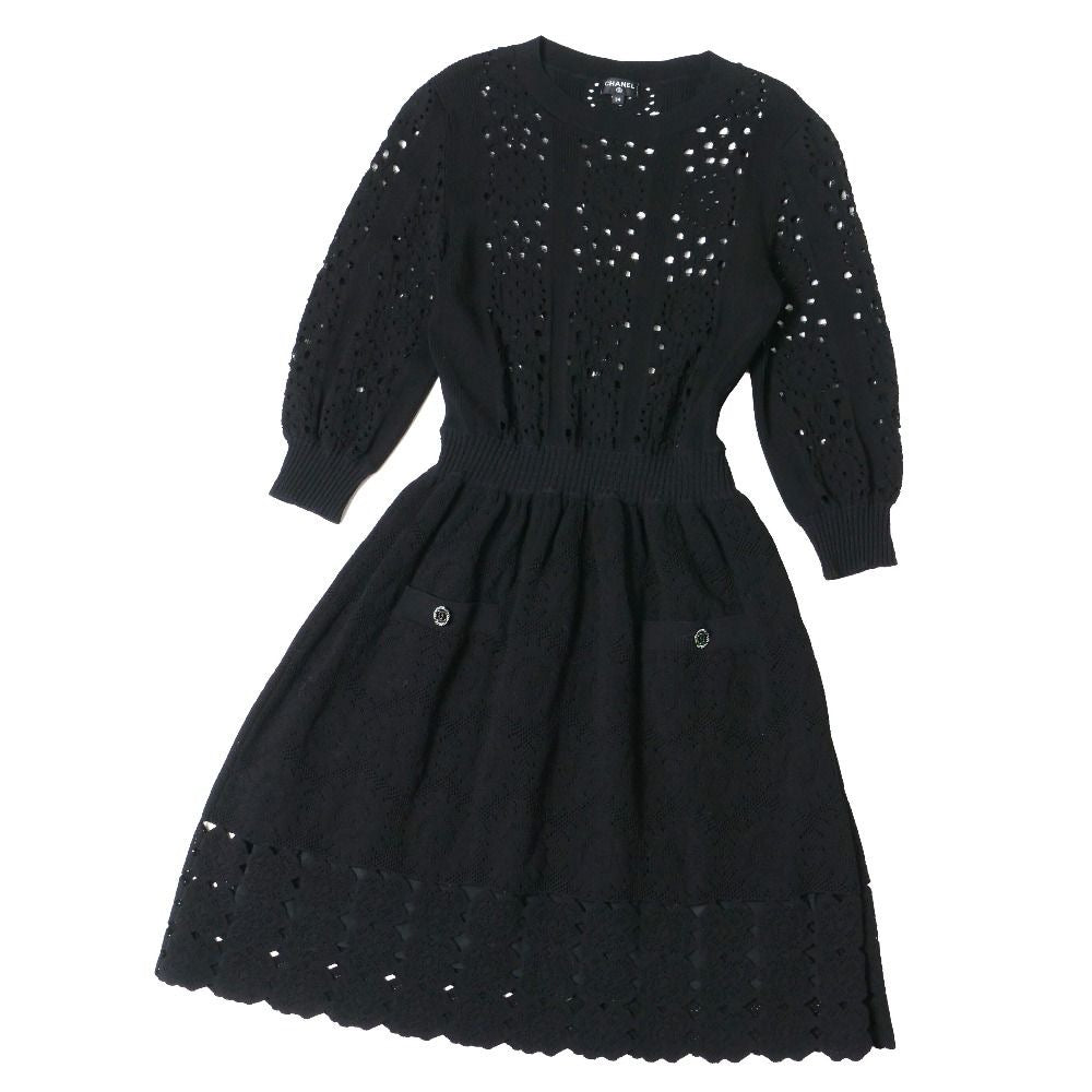 CHANEL P63 CC Button Rhinestone Flare Knit Dress Size 34