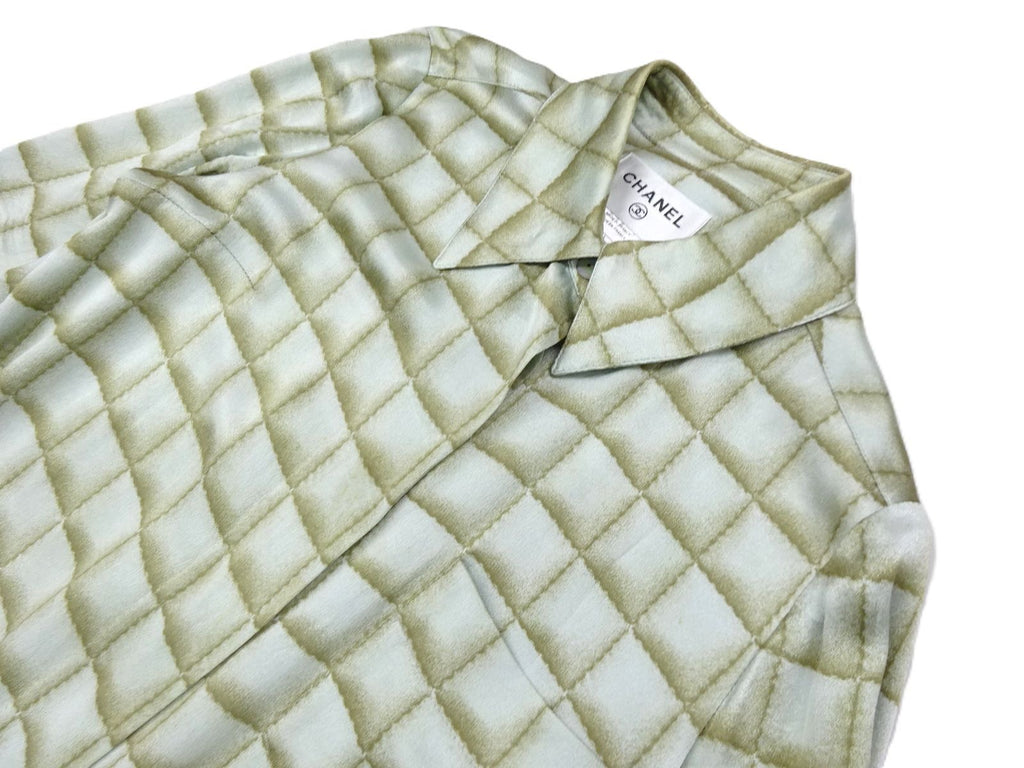 CHANEL 00A Chocolate Bar Print Silk Dress Size 38 Green