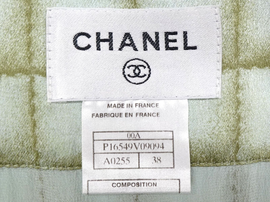 CHANEL 00A Chocolate Bar Print Silk Dress Size 38 Green