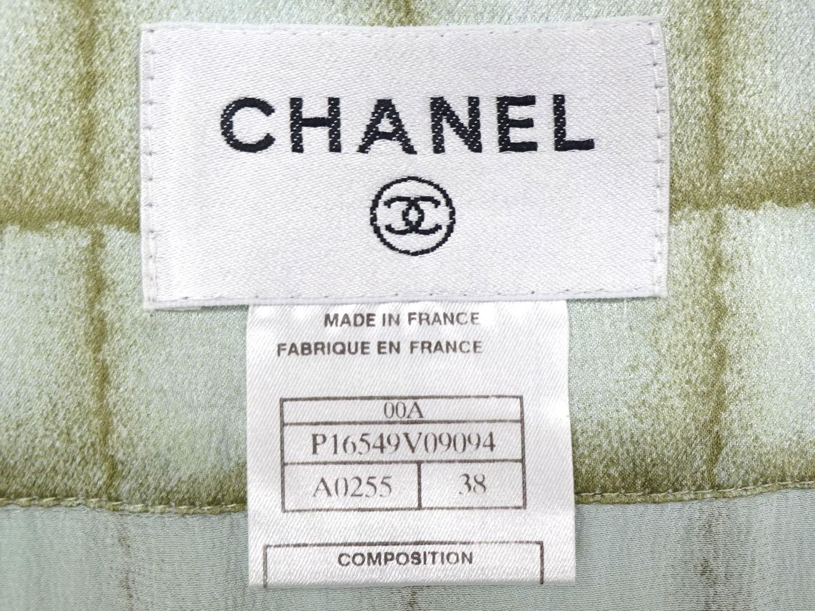 CHANEL 00A Chocolate Bar Print Silk Dress Size 38 Green