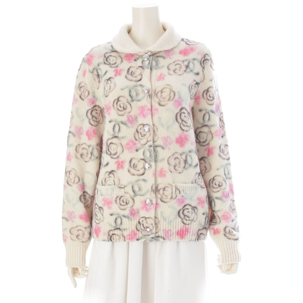 CHANEL 24A Coco Neige Cashmere Silk Camellia CC Stone Knit Blouson White — Size 42