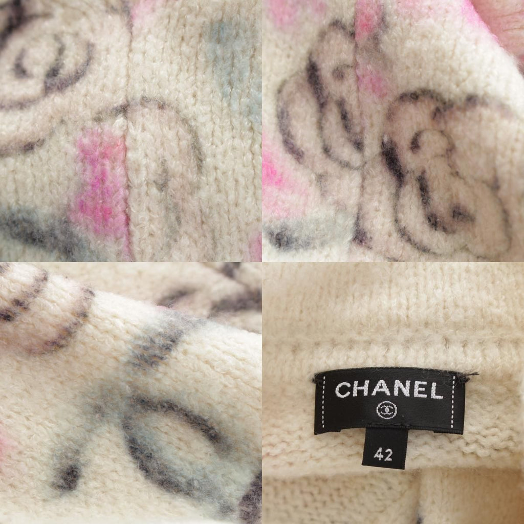 CHANEL 24A Coco Neige Cashmere Silk Camellia CC Stone Knit Blouson White — Size 42