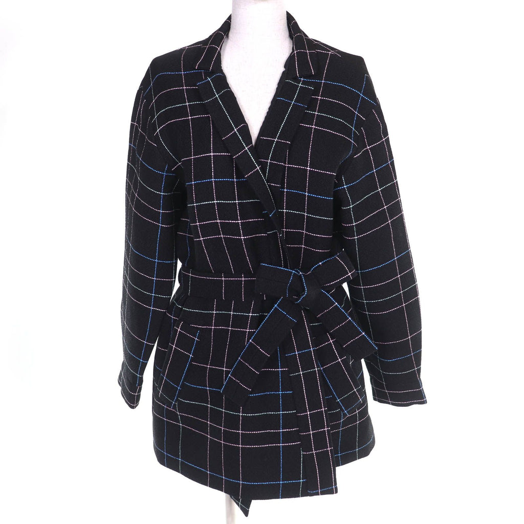 CHANEL CC Flower Button Check Belted Coat Black Multicolor — Size 36