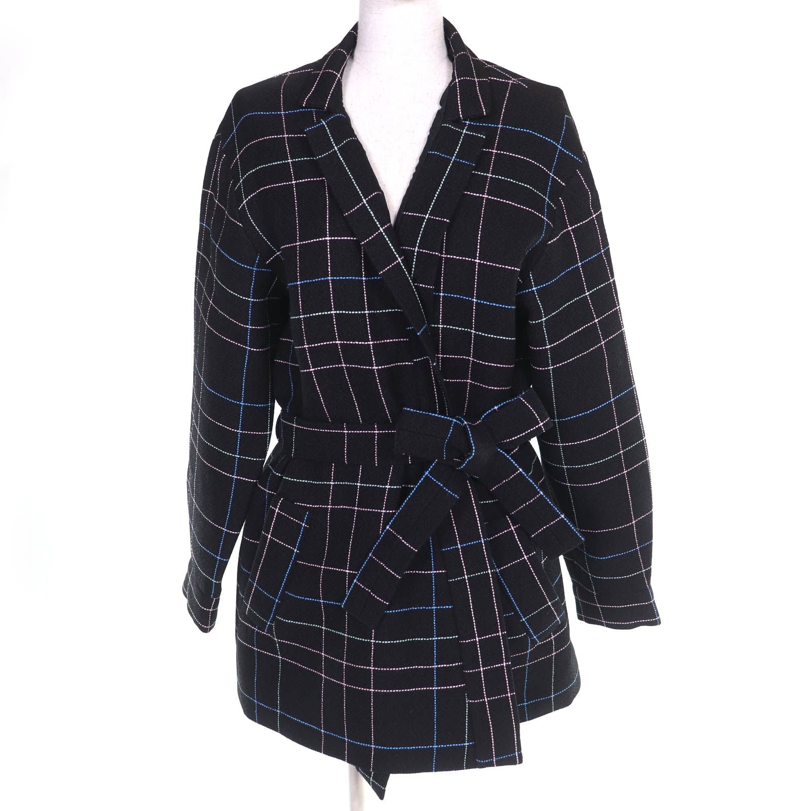 CHANEL CC Flower Button Check Belted Coat Black Multicolor — Size 36