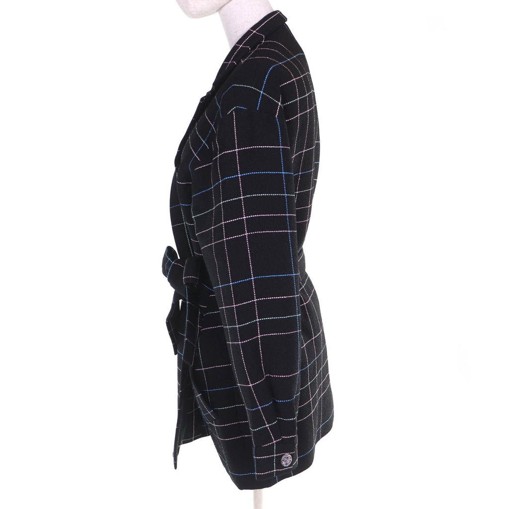 CHANEL CC Flower Button Check Belted Coat Black Multicolor — Size 36