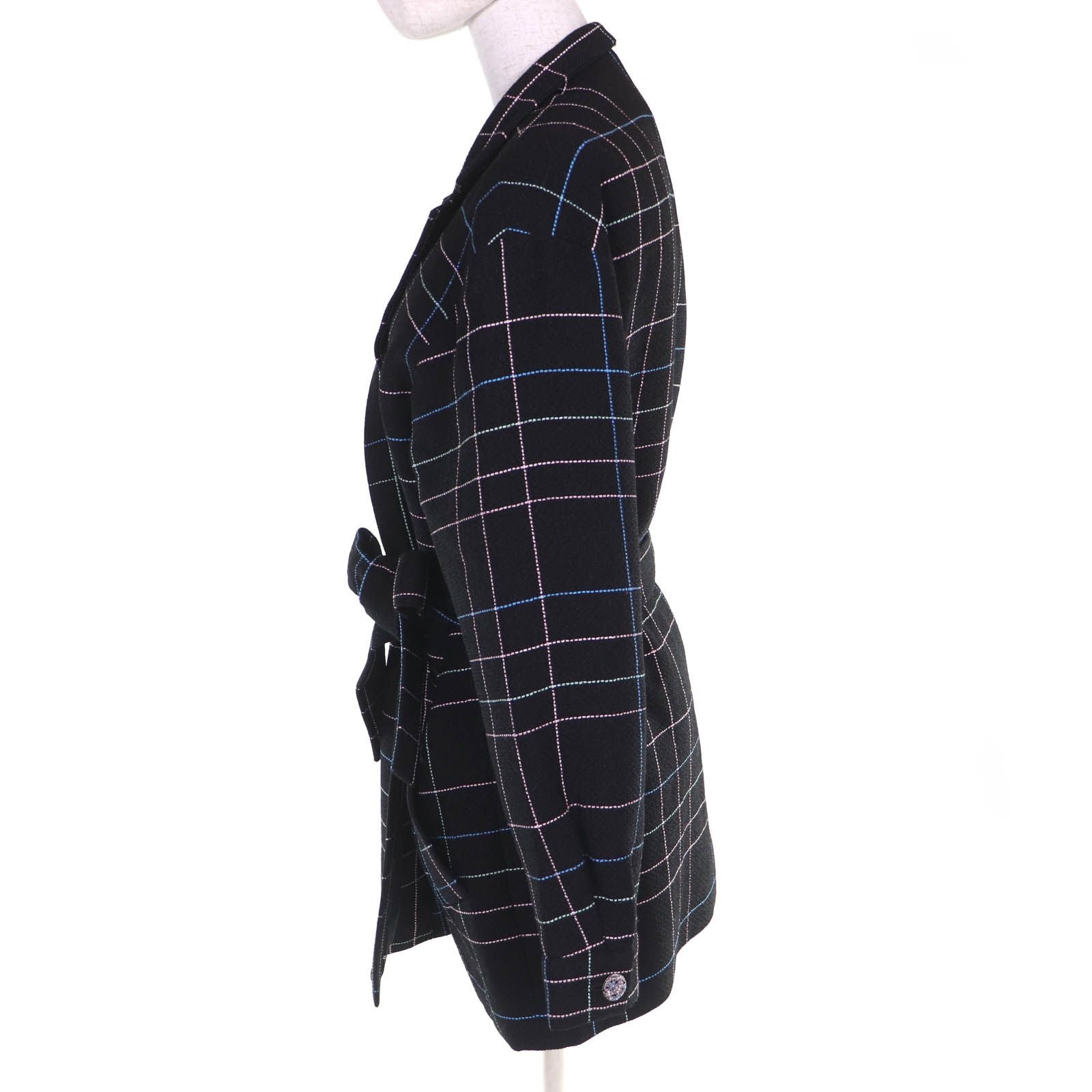 CHANEL CC Flower Button Check Belted Coat Black Multicolor — Size 36