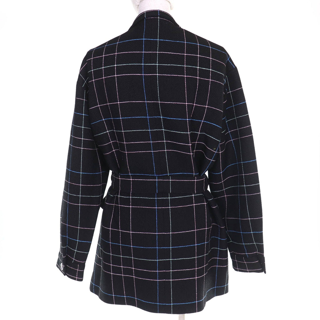 CHANEL CC Flower Button Check Belted Coat Black Multicolor — Size 36