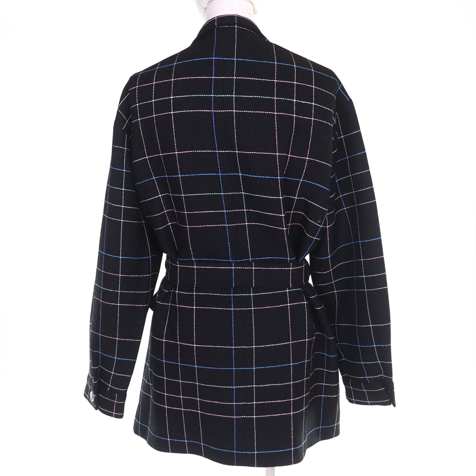 CHANEL CC Flower Button Check Belted Coat Black Multicolor — Size 36