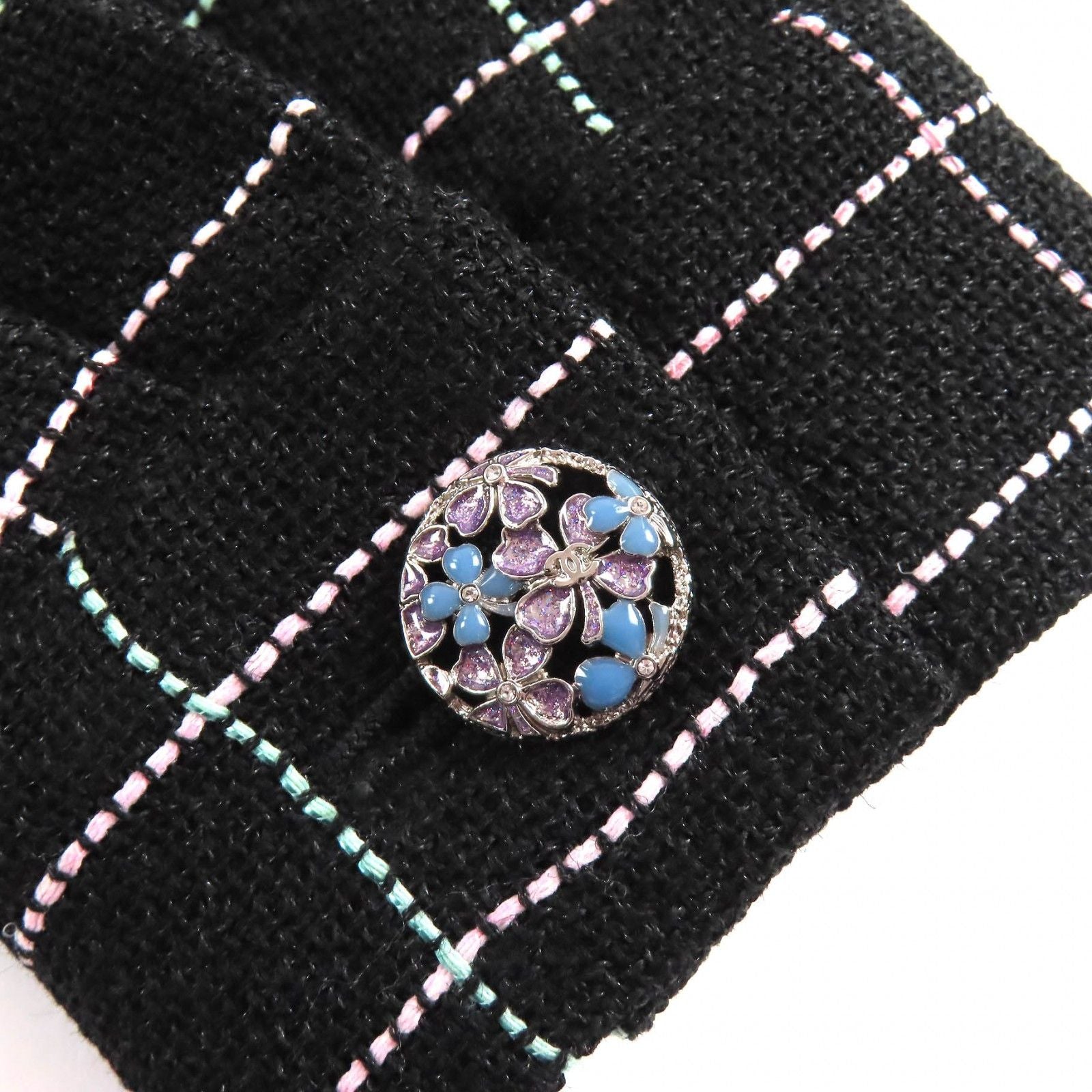CHANEL CC Flower Button Check Belted Coat Black Multicolor — Size 36