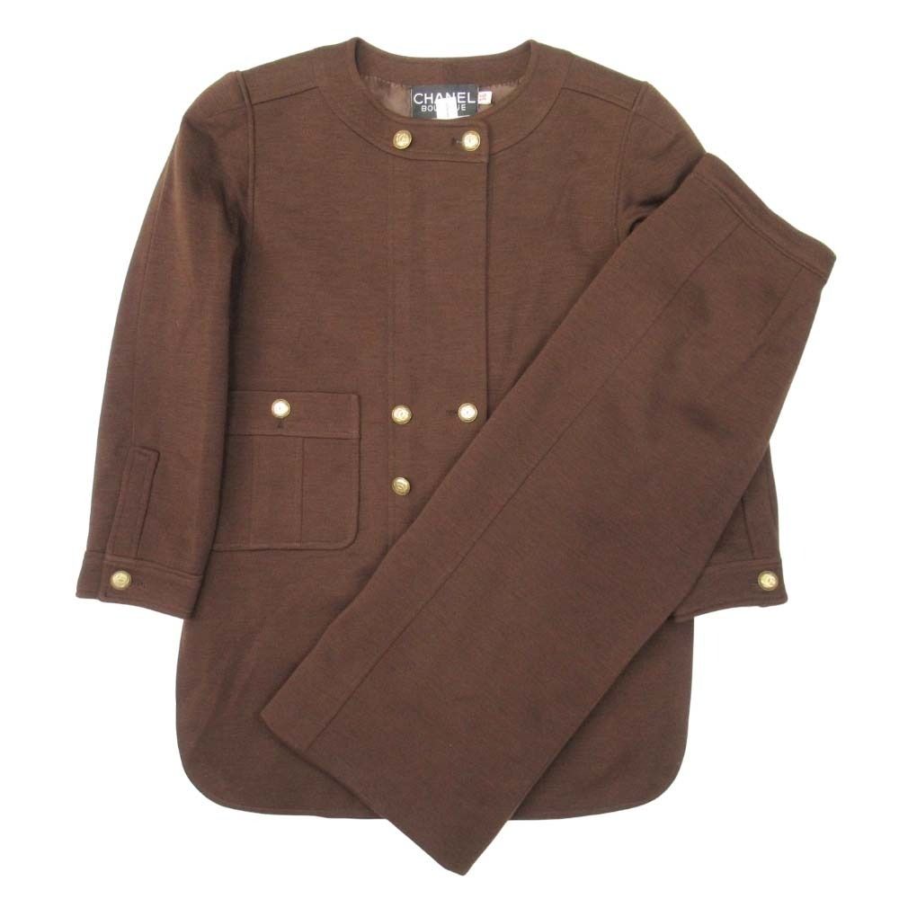 CHANEL Vintage CC Logo Gold Button Skirt Suit Brown — Size 36