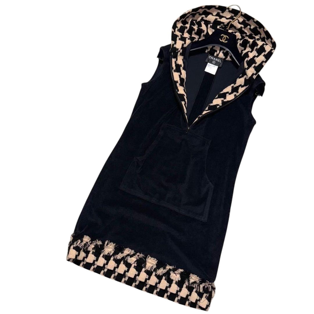 CHANEL Houndstooth Hooded Dress Black — Size 36
