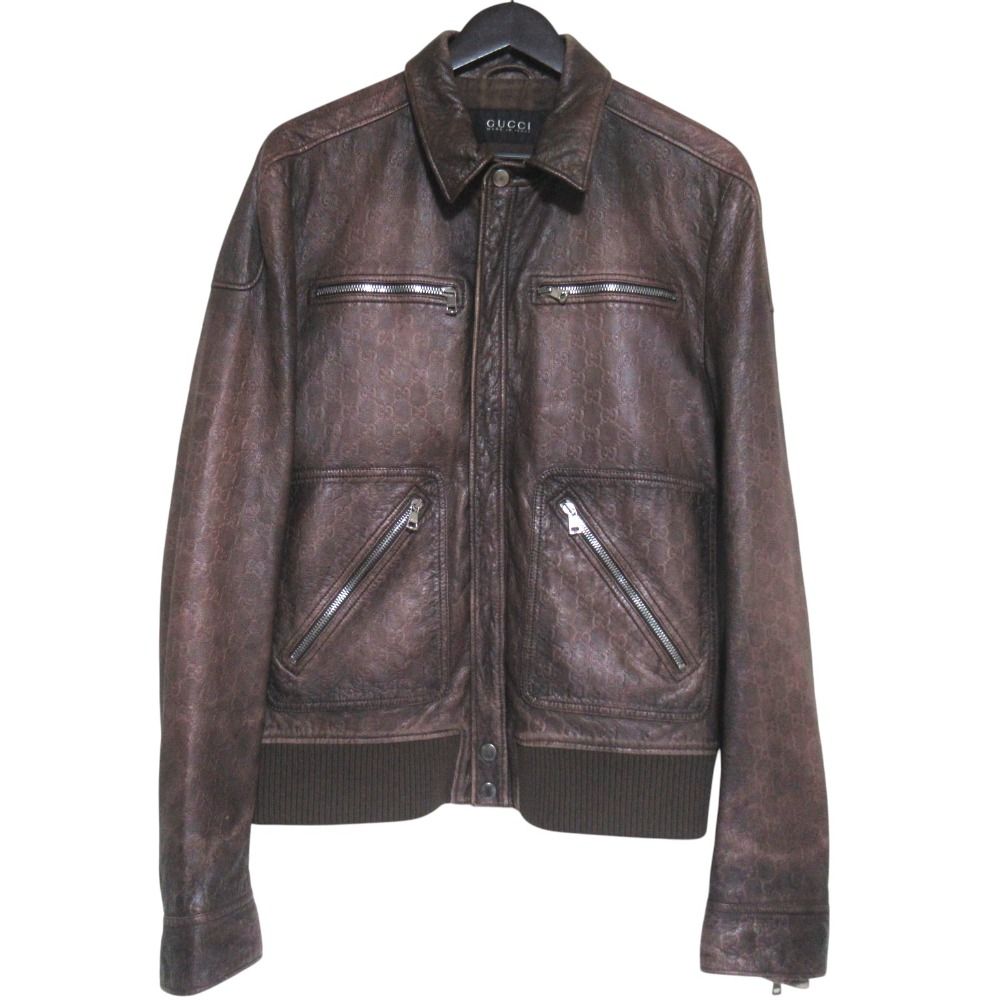 GUCCI GG Sima Signature Gradient Zip-Up Leather Jacket Brown Size 50