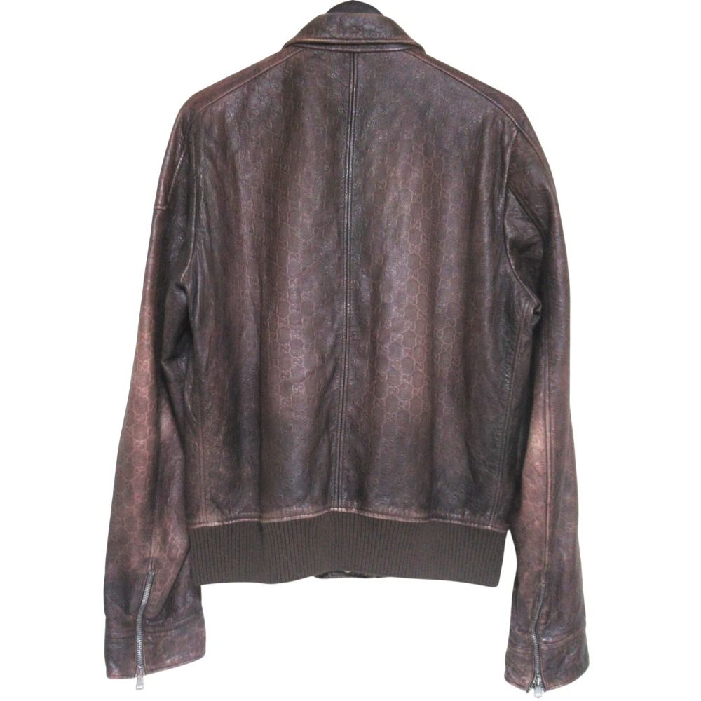 GUCCI GG Sima Signature Gradient Zip-Up Leather Jacket Brown Size 50