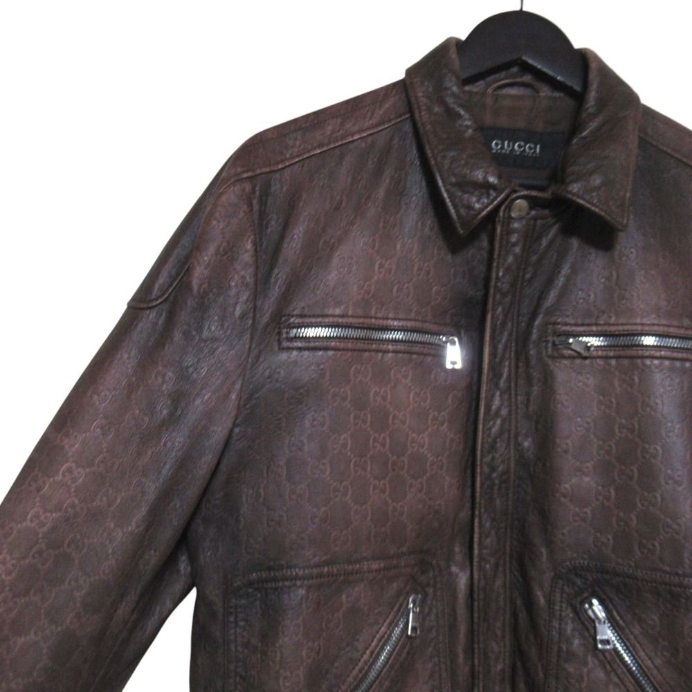 GUCCI GG Sima Signature Gradient Zip-Up Leather Jacket Brown Size 50