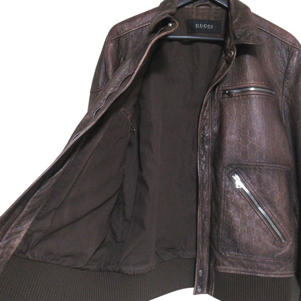 GUCCI GG Sima Signature Gradient Zip-Up Leather Jacket Brown Size 50