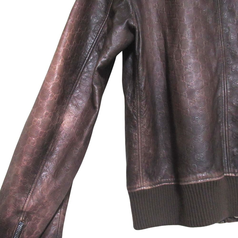 GUCCI GG Sima Signature Gradient Zip-Up Leather Jacket Brown Size 50