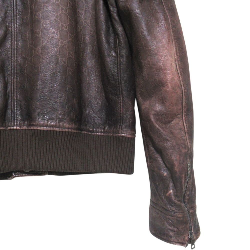 GUCCI GG Sima Signature Gradient Zip-Up Leather Jacket Brown Size 50