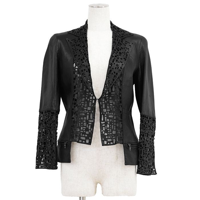 CHANEL Leather Jacket Punching P41109 Size 40 Black Lambskin Sheer Cutwork No-Collar 2011 Karl Lagerfeld