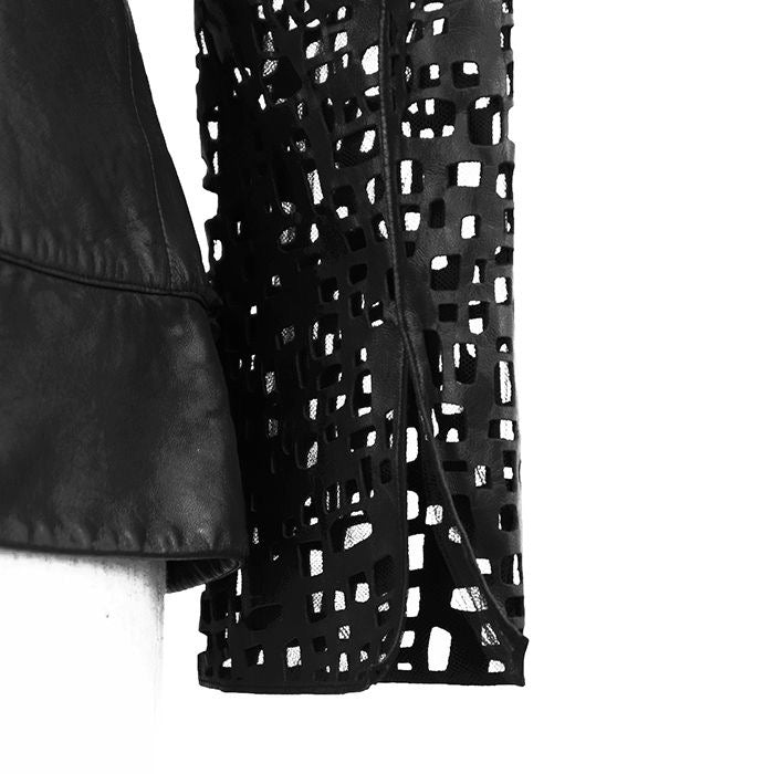 CHANEL Leather Jacket Punching P41109 Size 40 Black Lambskin Sheer Cutwork No-Collar 2011 Karl Lagerfeld