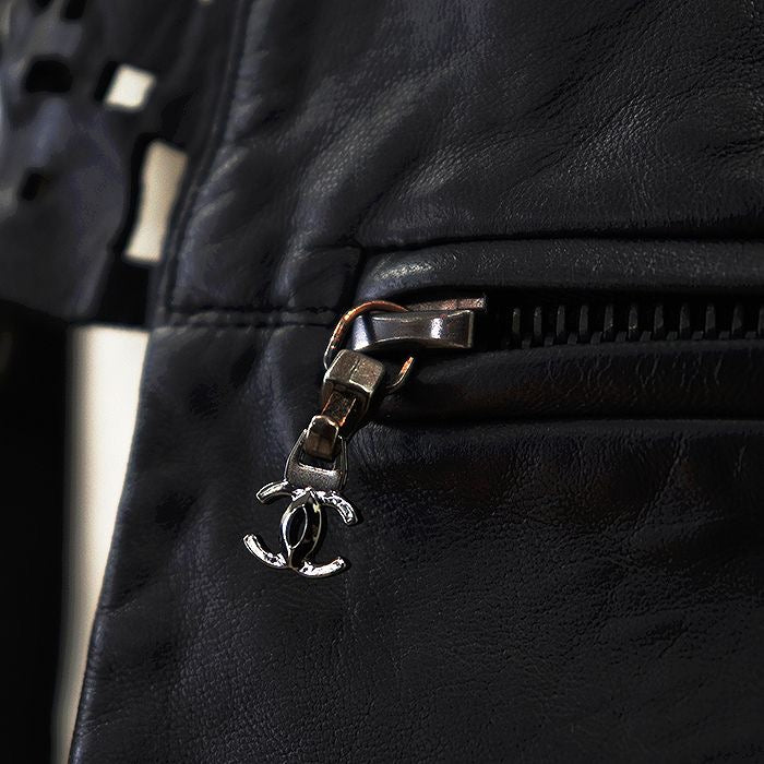 CHANEL Leather Jacket Punching P41109 Size 40 Black Lambskin Sheer Cutwork No-Collar 2011 Karl Lagerfeld