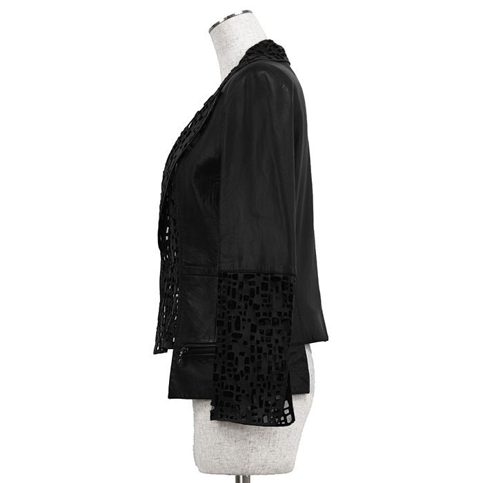 CHANEL Leather Jacket Punching P41109 Size 40 Black Lambskin Sheer Cutwork No-Collar 2011 Karl Lagerfeld