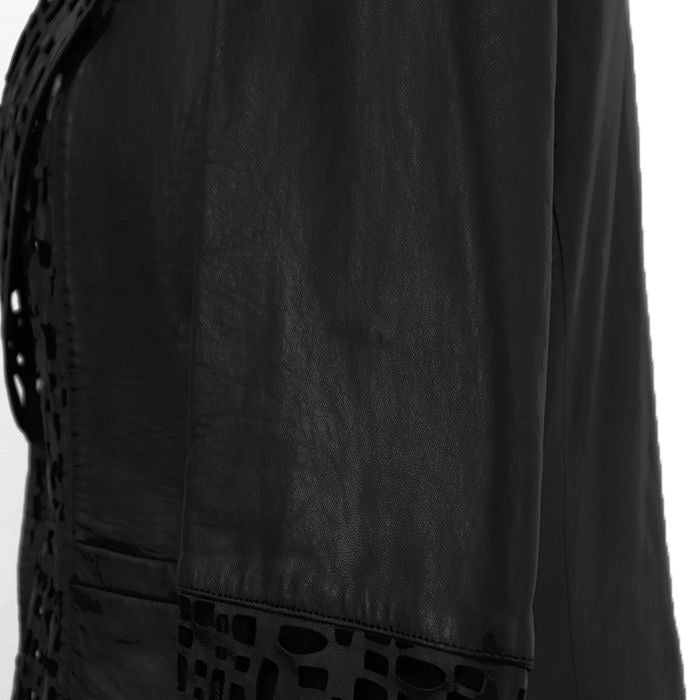 CHANEL Leather Jacket Punching P41109 Size 40 Black Lambskin Sheer Cutwork No-Collar 2011 Karl Lagerfeld