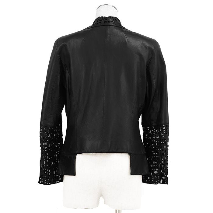 CHANEL Leather Jacket Punching P41109 Size 40 Black Lambskin Sheer Cutwork No-Collar 2011 Karl Lagerfeld