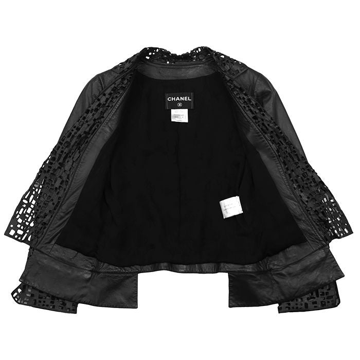 CHANEL Leather Jacket Punching P41109 Size 40 Black Lambskin Sheer Cutwork No-Collar 2011 Karl Lagerfeld