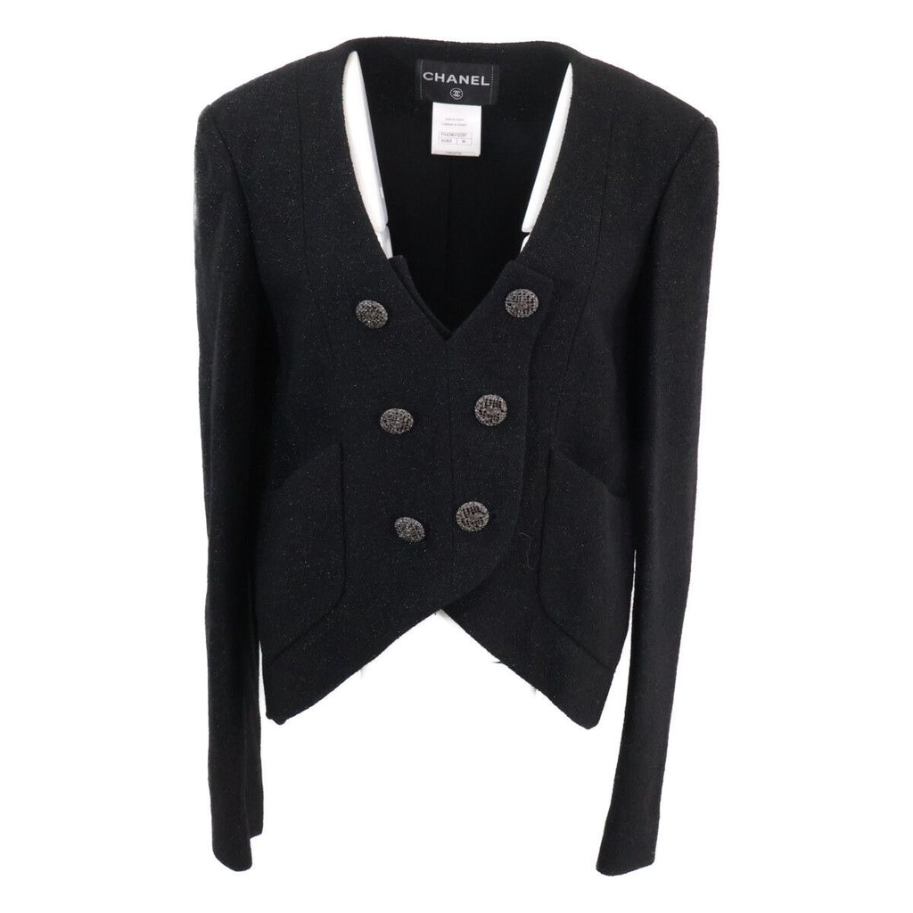 CHANEL 12AW Wool Nylon Tweed Collarless Jacket — Black Size 36