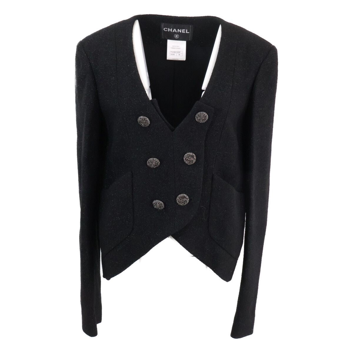 CHANEL 12AW Wool Nylon Tweed Collarless Jacket — Black Size 36