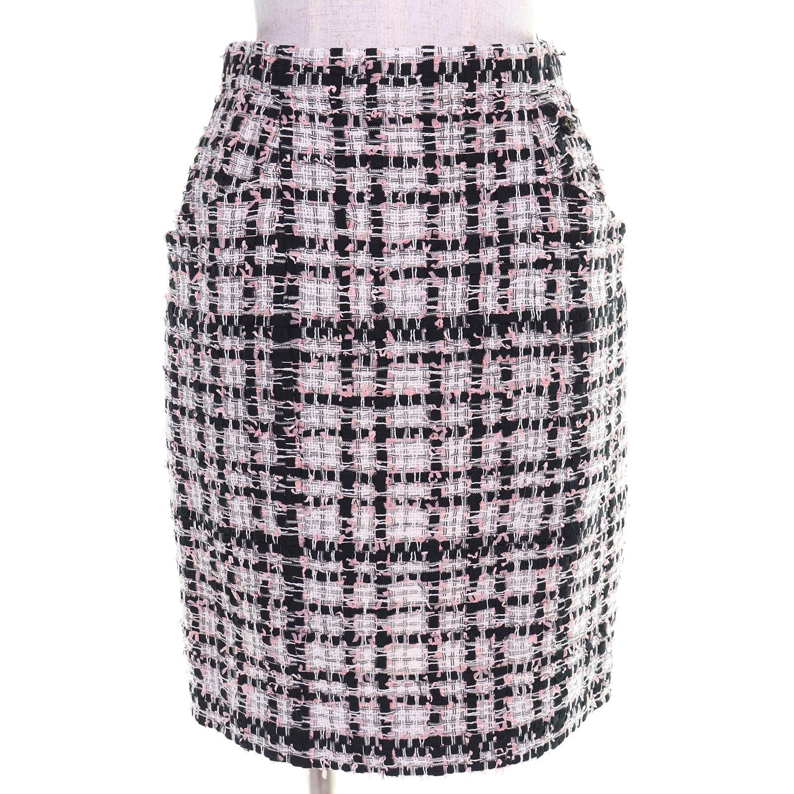 CHANEL Coco Mark Check Tweed Skirt — Pink / Black / White Size 36