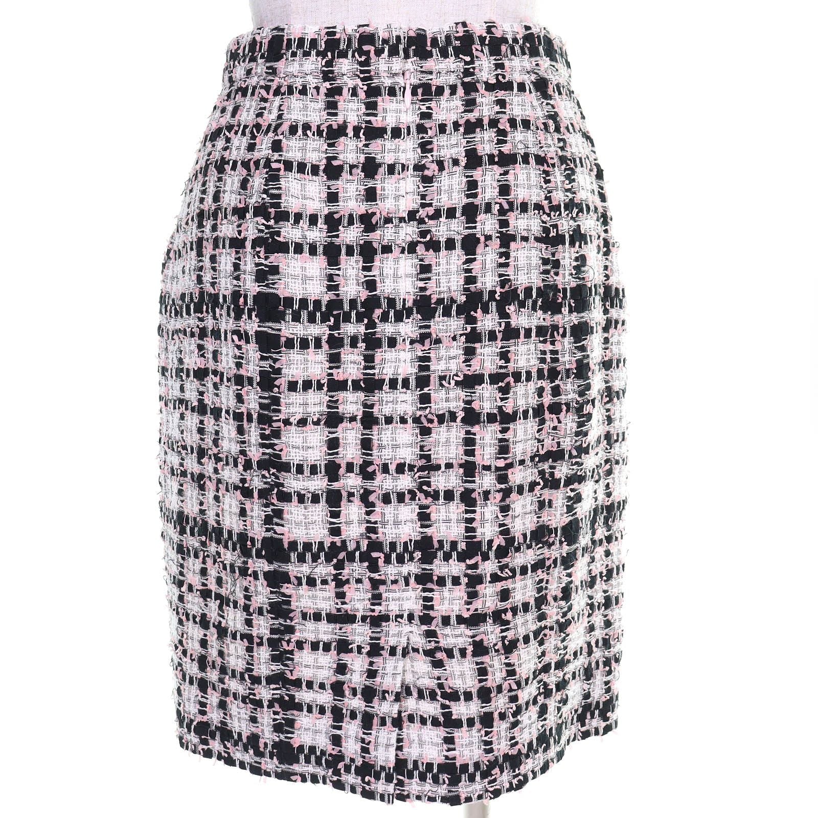 CHANEL Coco Mark Check Tweed Skirt — Pink / Black / White Size 36