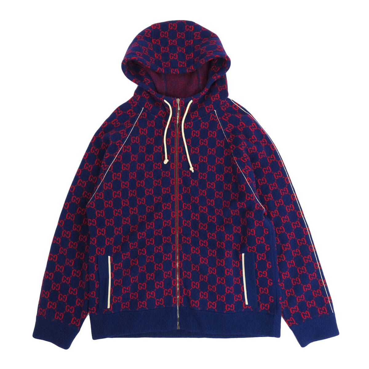 GUCCI GG Jacquard Zip-Up Knit Blouson — Navy Size S