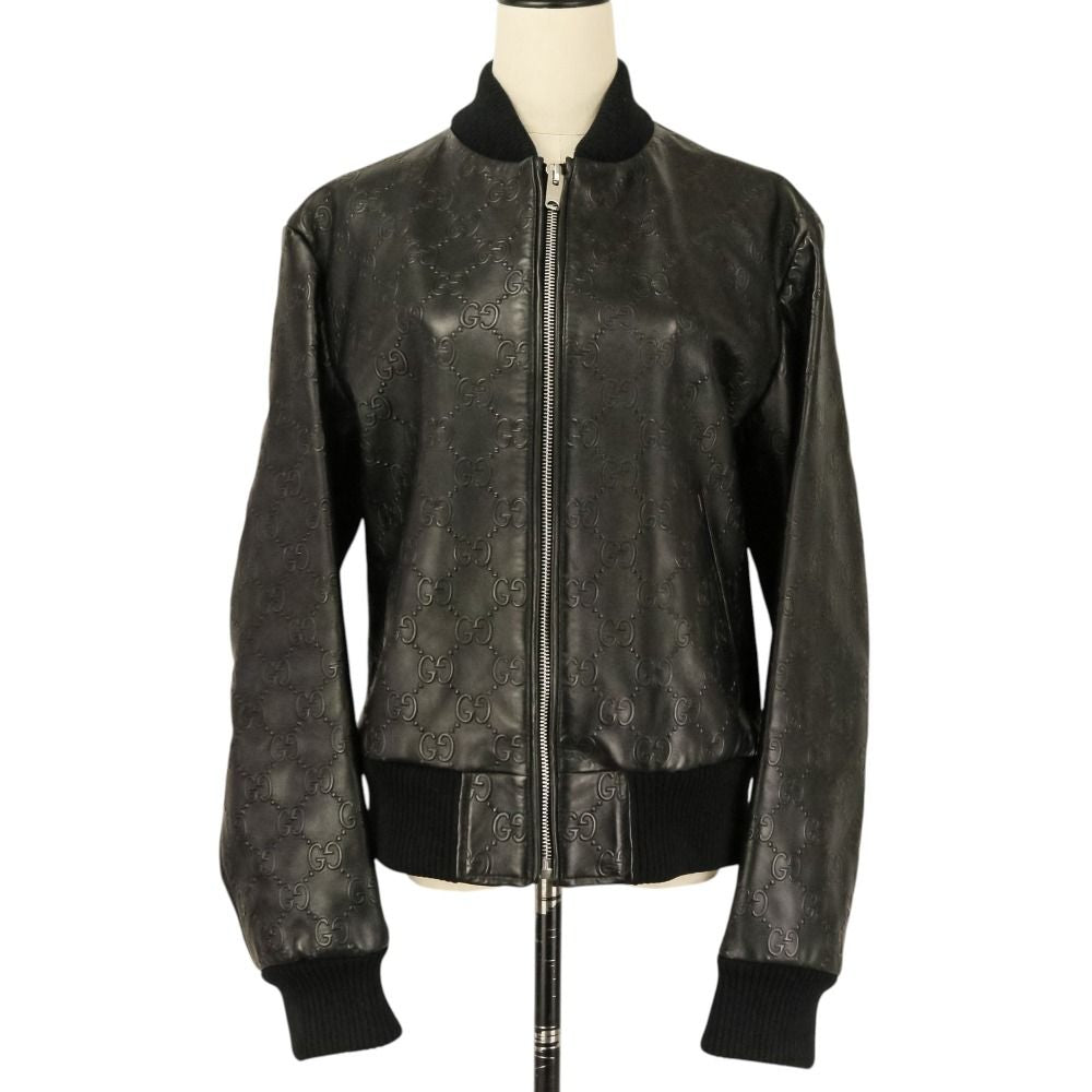 GUCCI GG Embossed Leather Bomber Jacket — Black Size 44